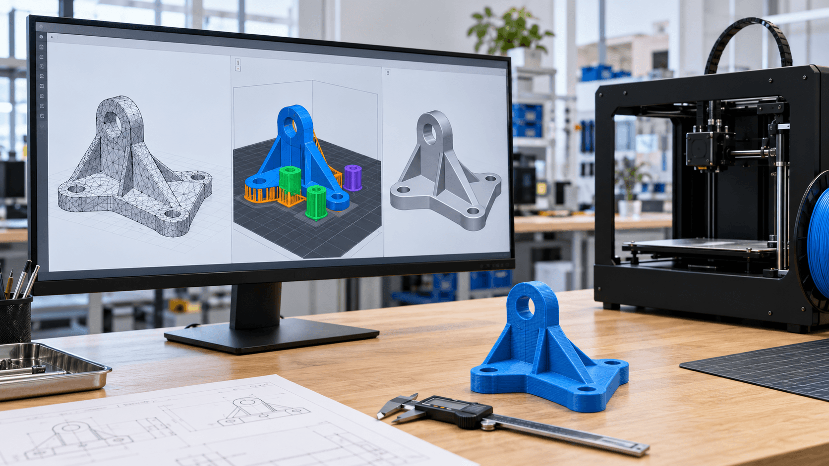 Confronto tra mesh STL, progetto 3MF e modello CAD STEP accanto a un componente stampato in 3D.