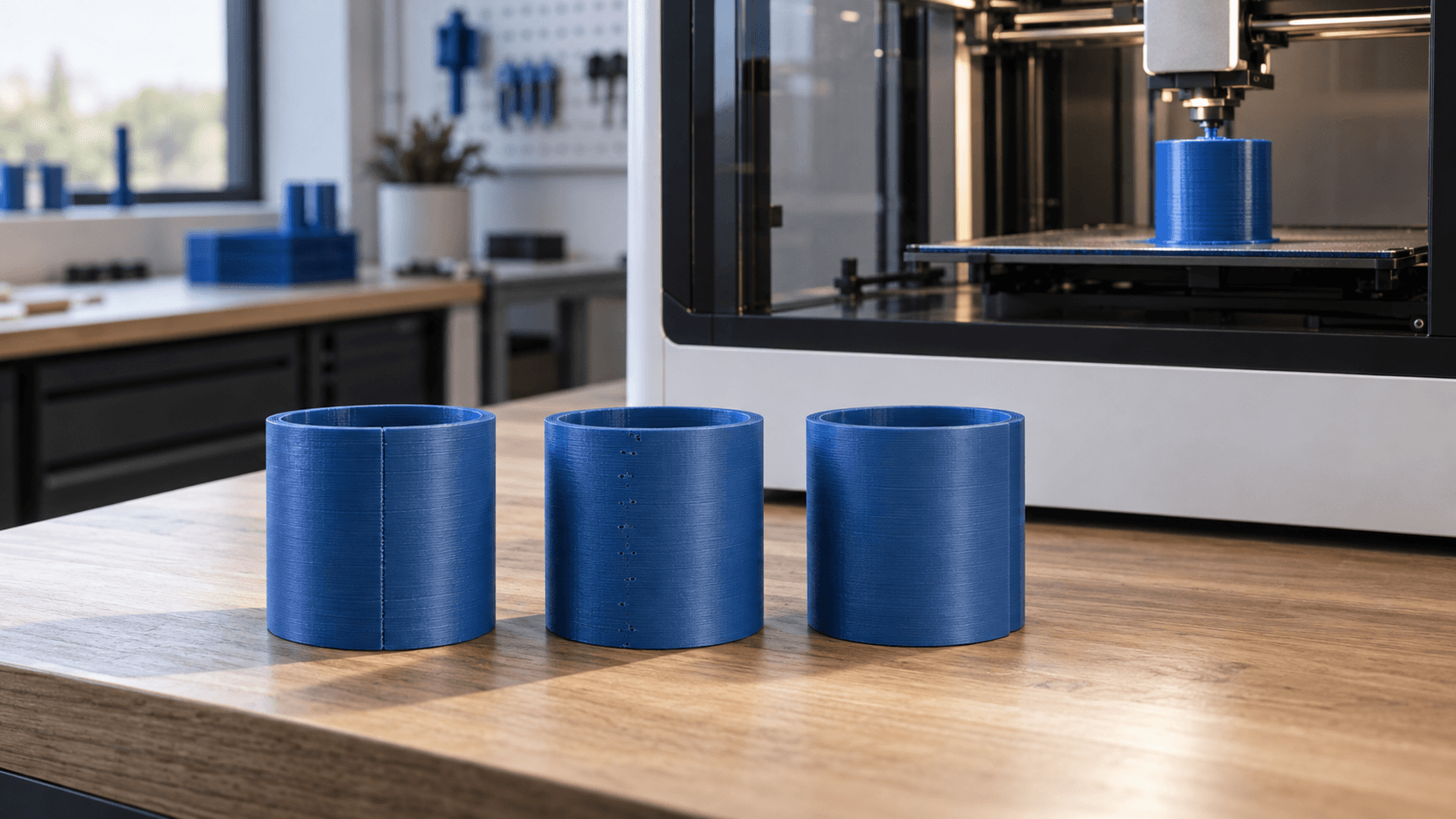 Stampante 3D FDM con provini blu che mostrano diverse strategie di Z seam.