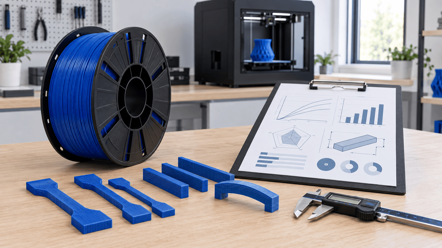 Bobina di filamento 3D accanto a provini blu, calibro e scheda tecnica su un banco di laboratorio