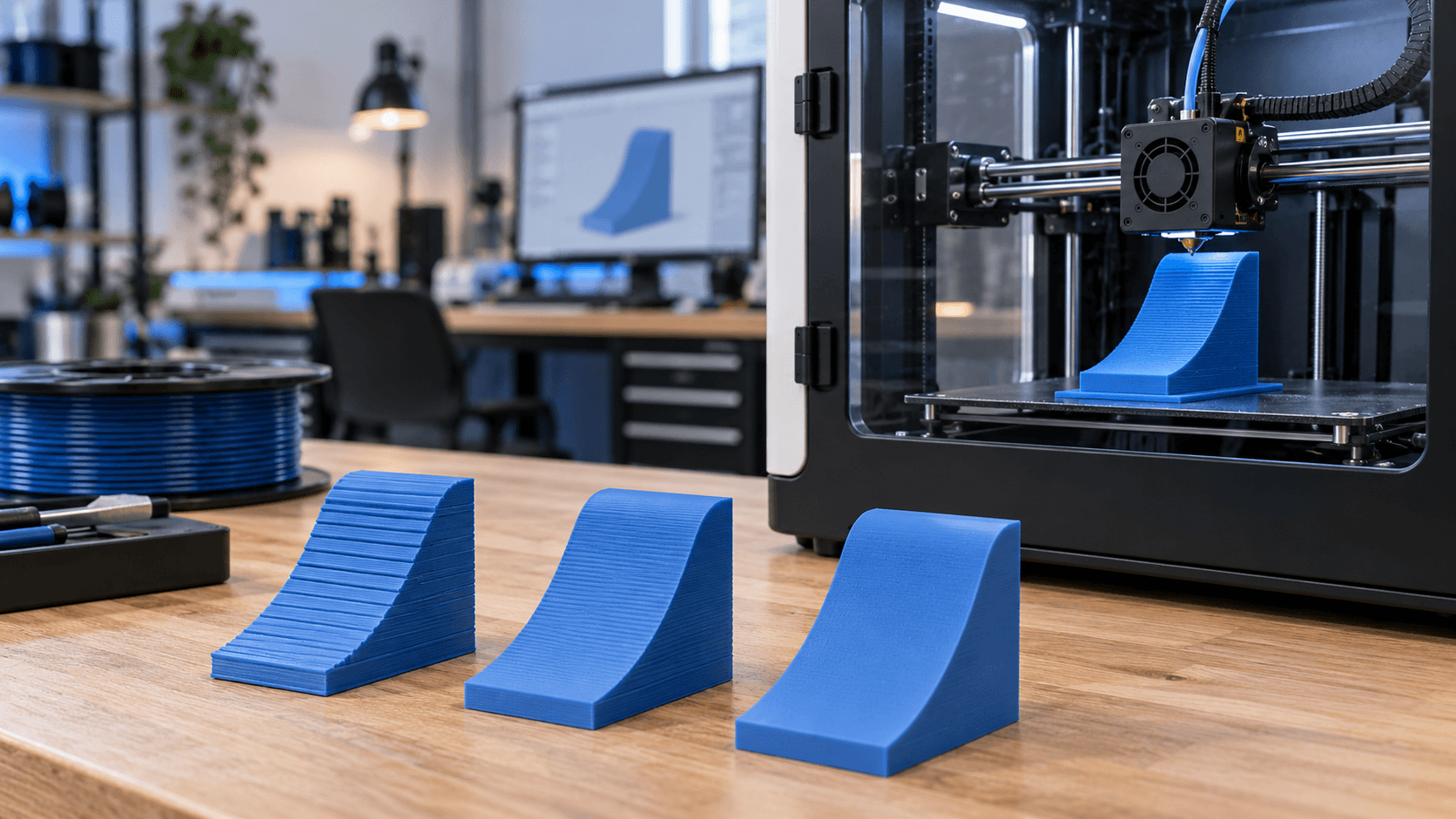 Stampante 3D FDM con tre provini blu curvi che mostrano differenti altezze layer.